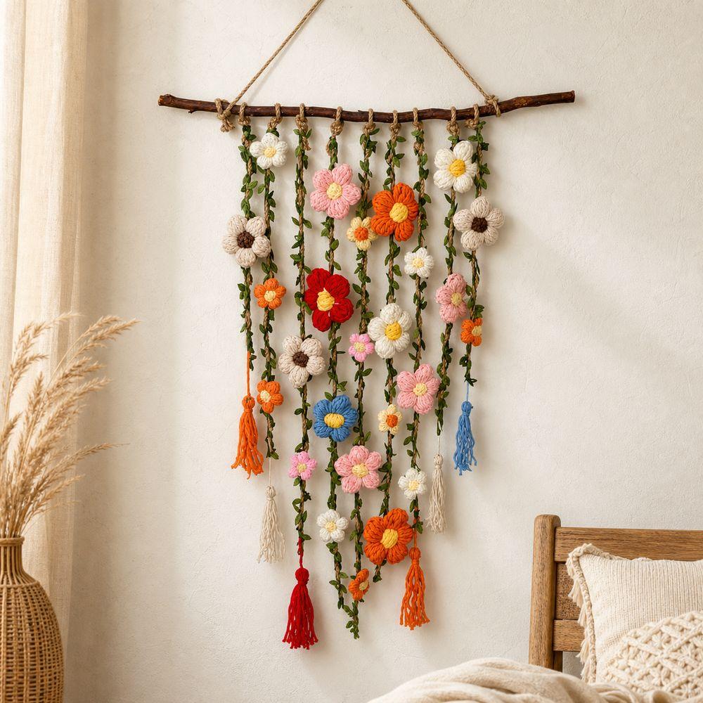 Wooden Branch Crochet Wall Hanging Yarn Floral Tapestry Macrame Wall Hanging Living Room Decor