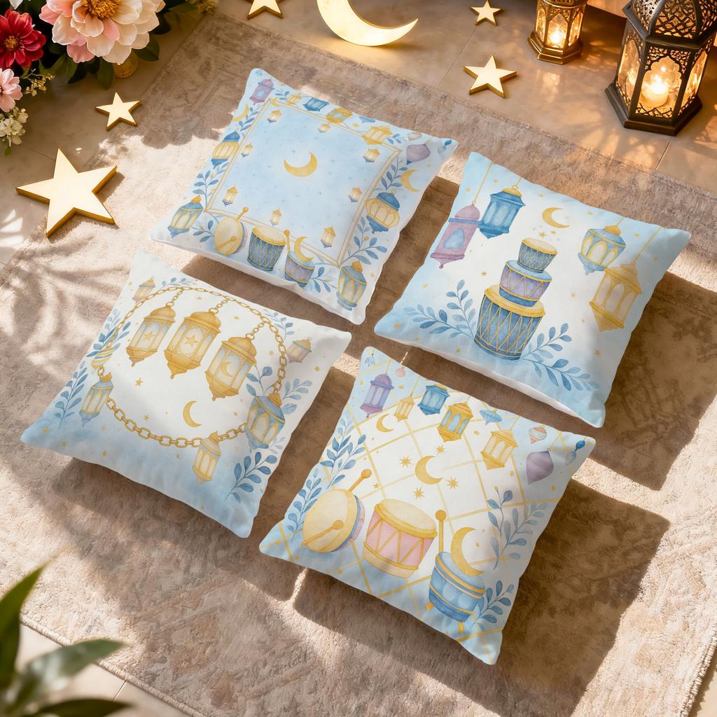 4 Pcs Eid Al-Fitr Watercolor Star Moon Lantern Drum Single-Sided Printed Pillowcase For Living Room Bedroom