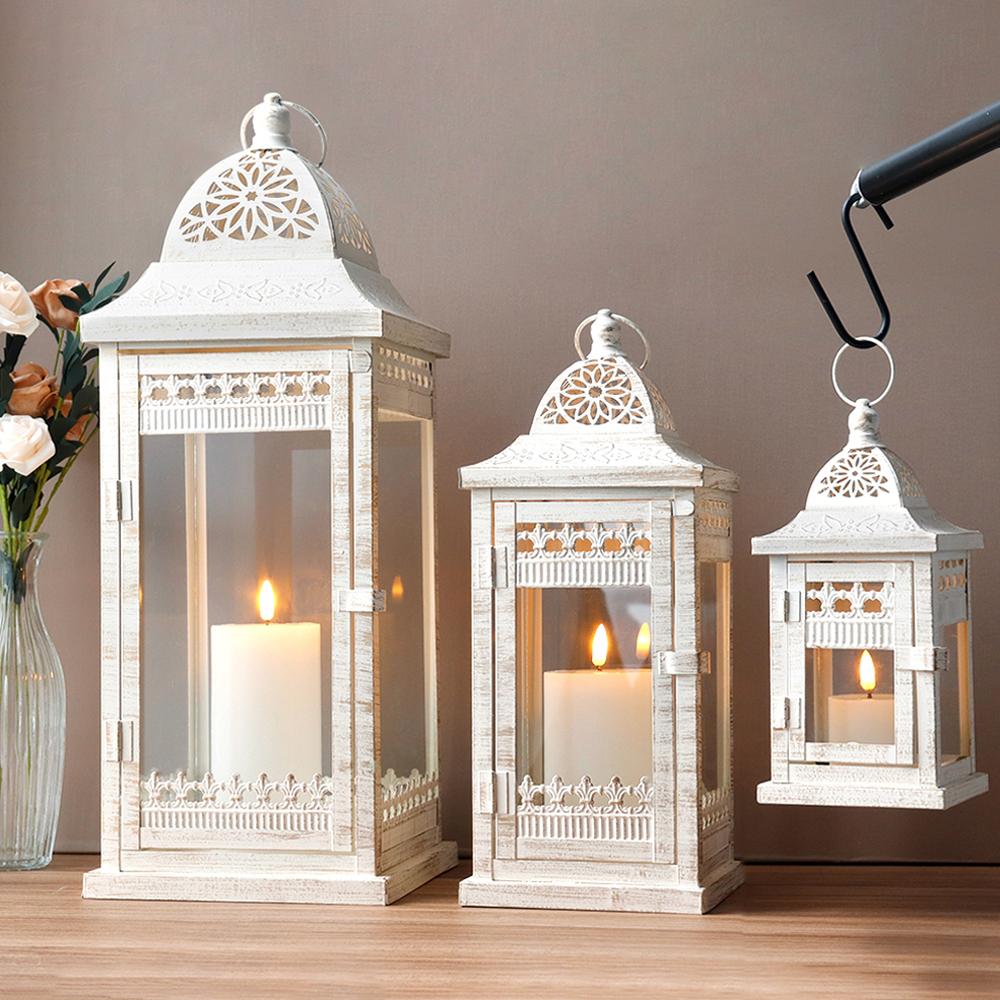 Set of 3 White Lantern Durable Garden Metal Lantern Empty Square Candle Lantern for Wedding Decoration