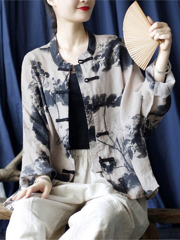 Johnature Женские рубашки рами в китайском стиле, топы на пуговицах с длинными рукавами, свободные осенние блузки, рубашки с принтом, стирка чернил