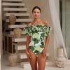2024 Новое сексуальное бикини с рюшами в стиле ретро и высокой талией с принтом, модное с открытыми плечами, с принтом гортензии, с рюшами, цельный купальник и юбка, пляжный роскошный зеленый цвет