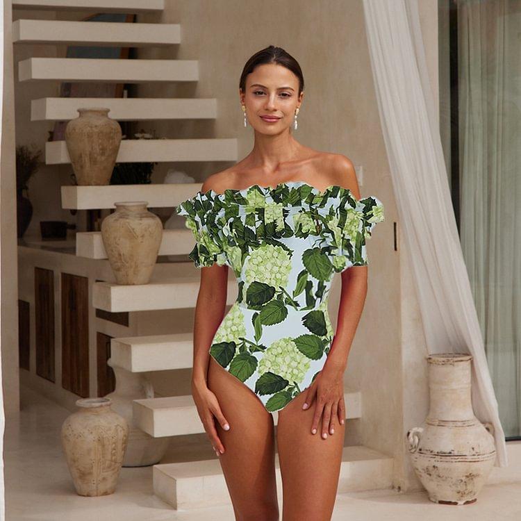 2024 Новое сексуальное бикини с рюшами в стиле ретро и высокой талией с принтом, модное с открытыми плечами, с принтом гортензии, с рюшами, цельный купальник и юбка, пляжный роскошный зеленый цвет