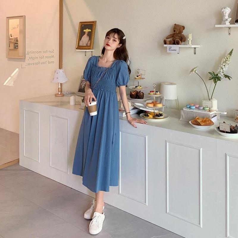 Летние платья Ретро французские платья длиной до колена, с квадратным вырезом и рукавами-пузырьками, с квадратным вырезом и талией