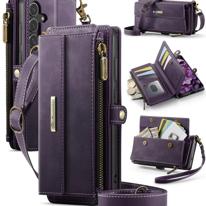 Чехол-бумажник с длинным ремешком из флип-кожи для Samsung Galaxy S26 Ultra S25 FE S24 Plus S23 S22 S21 A57 A17 A16 A56 A15 A55 A14 A54 с молнией и карманами для карт