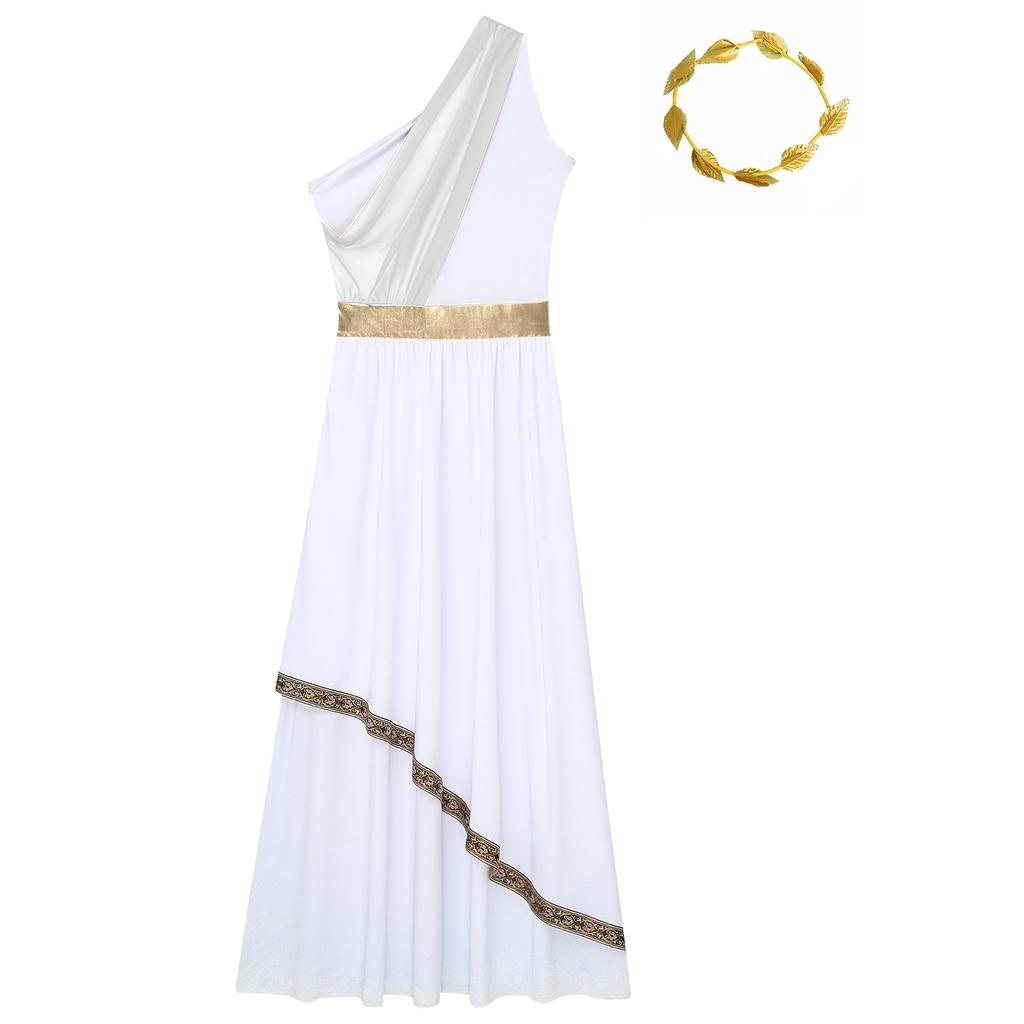Womens Ancient Greek Dance Dress One Shoulder Chiffon Overlay Vintage Trim Tunic Dress Artificial Leaf Garland Headwear