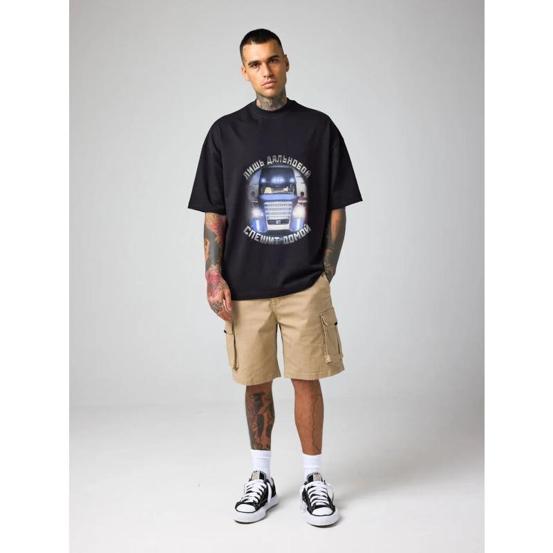Белая футболка мужская повседневная оверсайз с графическим принтом, дизайн грузовика, русский текст, уличная мода, летний топ
