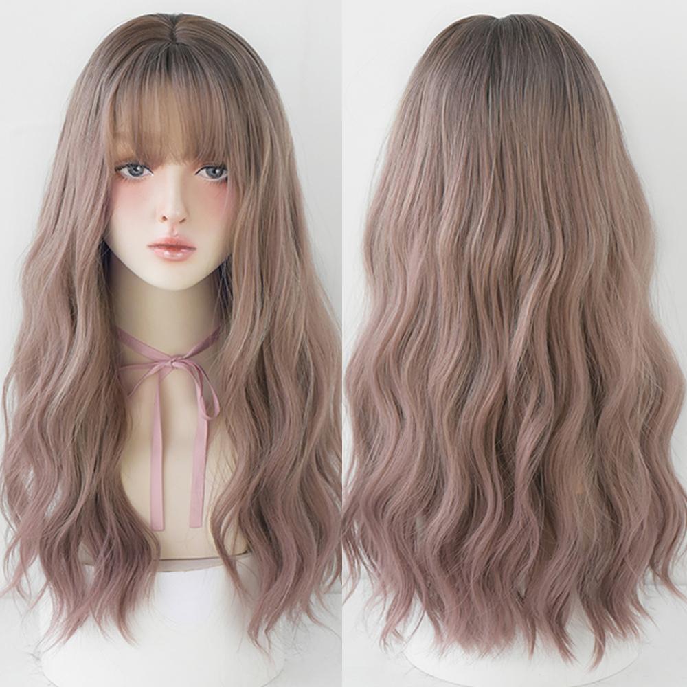 Длинный волнистый синтетический парик с челкой из натуральных волос, женский термостойкий парик для повседневного использования для косплея