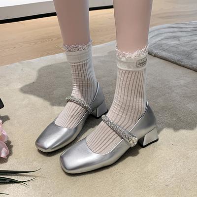 Модные туфли-лодочки на среднем каблуке с бисером, осенняя новинка, квадратный носок, неглубокий вырез, одна полоска, мягкая подошва, нескользящие, туфли на блочном каблуке