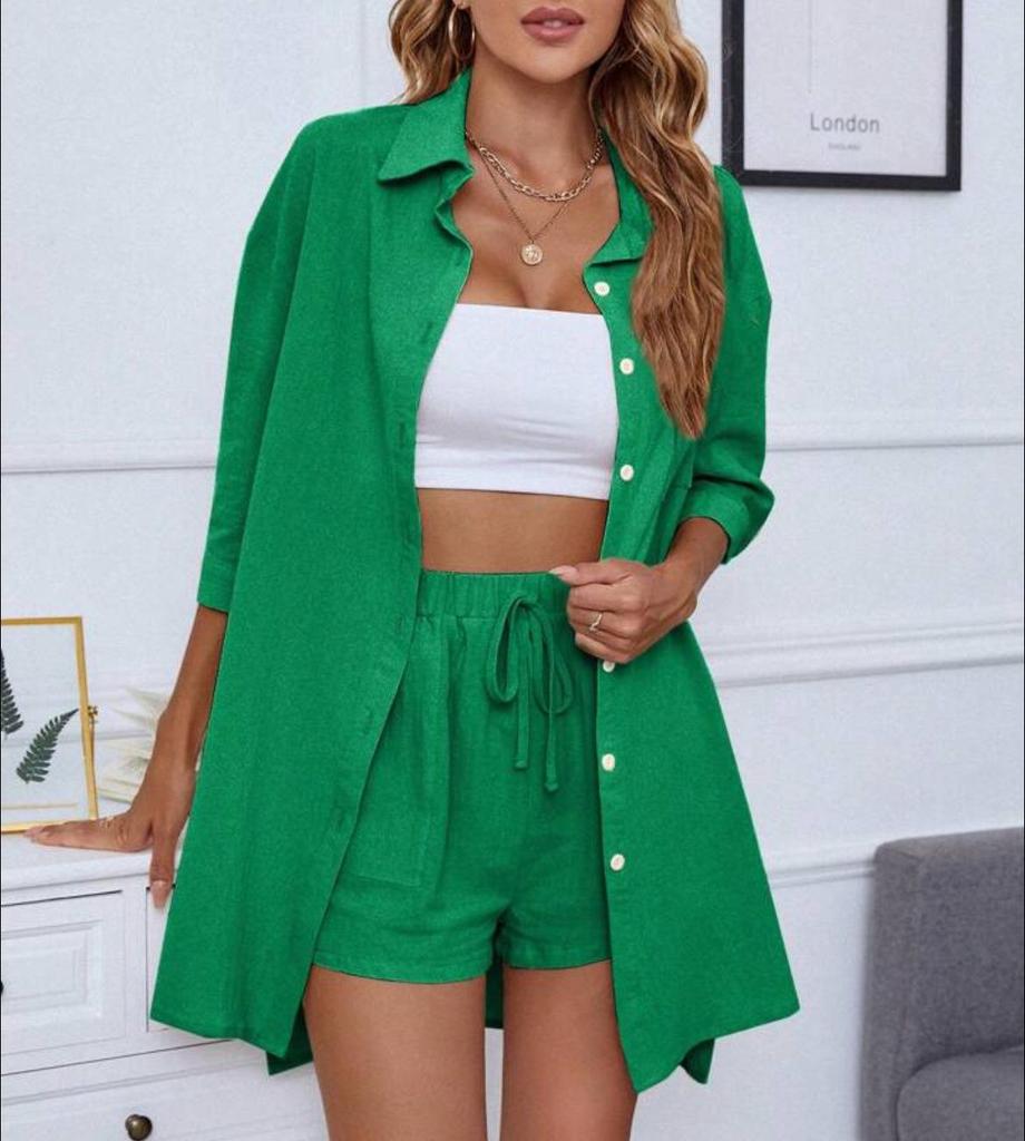 Spring Collection: Women's Solid Color Fashion Two-Piece Set - Single-Breasted Shirt & Casual Comfort Fit