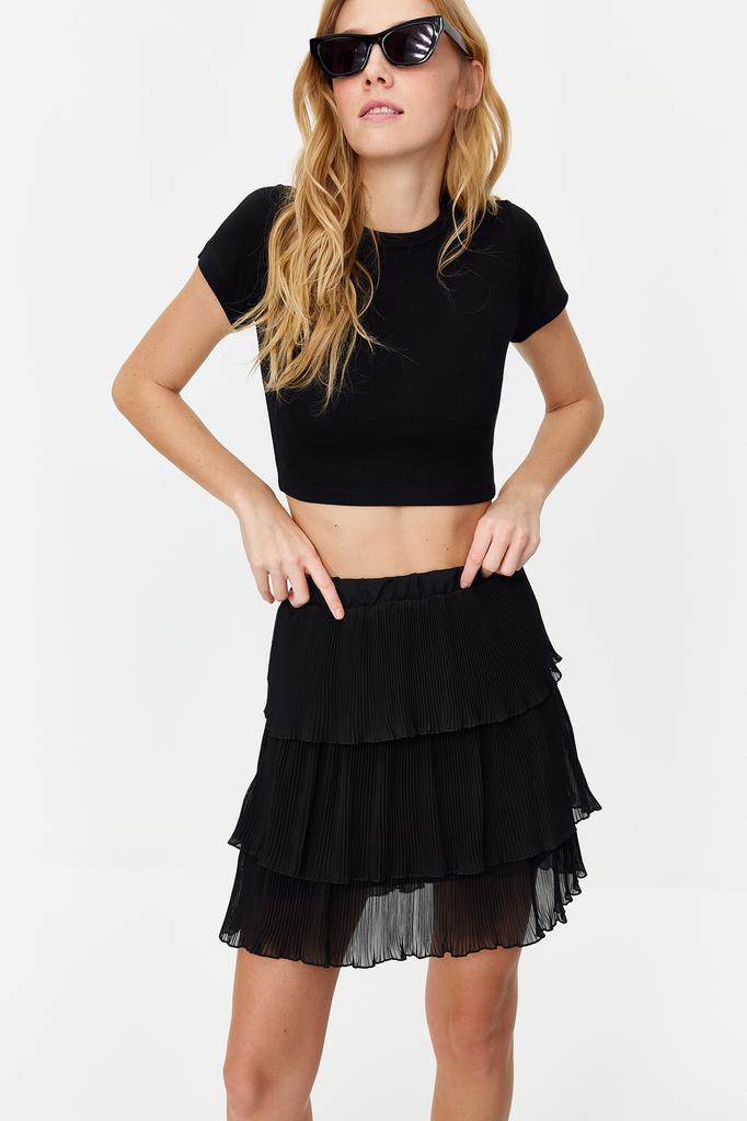 Women's Fashion Black Chiffon Fabric Ruffle Detailed Mini Length Woven Skirt