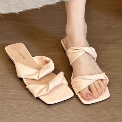 Универсальные однословные тапочки на плоской подошве, женская обувь для улицы, новые летние пляжные сандалии с квадратным носком и открытым носом