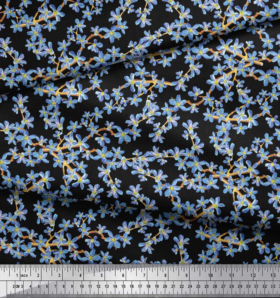 Soimoi Черная поли ткань крепа Не забудь меня, ткань с цветочным принтом Буша 1 ярд 42 дюйма