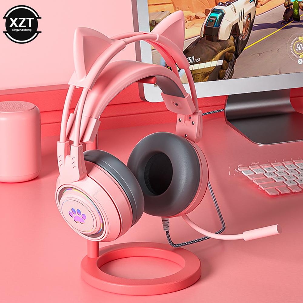 Светящиеся игровые наушники с кошачьими ушками для ПК, компьютерные игровые гарнитуры с микрофоном, шумоподавлением, проводной USB 3,5 мм для Ps4/xbox One