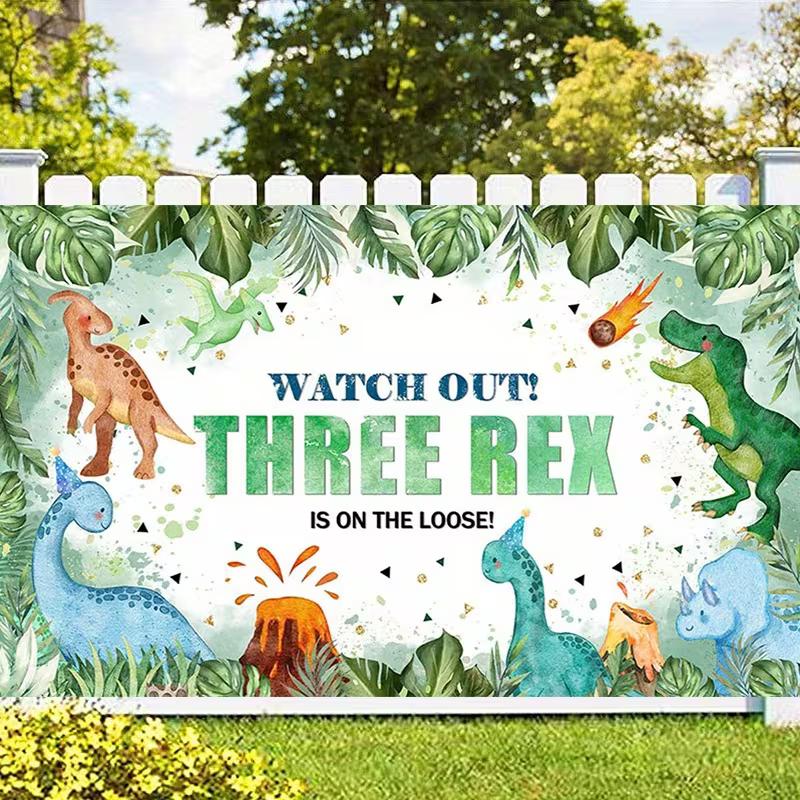 2D Flat Watercolor Jungle Dinosaur Backdrop for Boy's Third Birthday Decoration