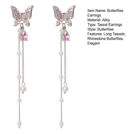 1 пара серег-гвоздиков со стразами и бабочками с длинными кисточками из искусственного жемчуга, элегантное очарование в форме капли воды