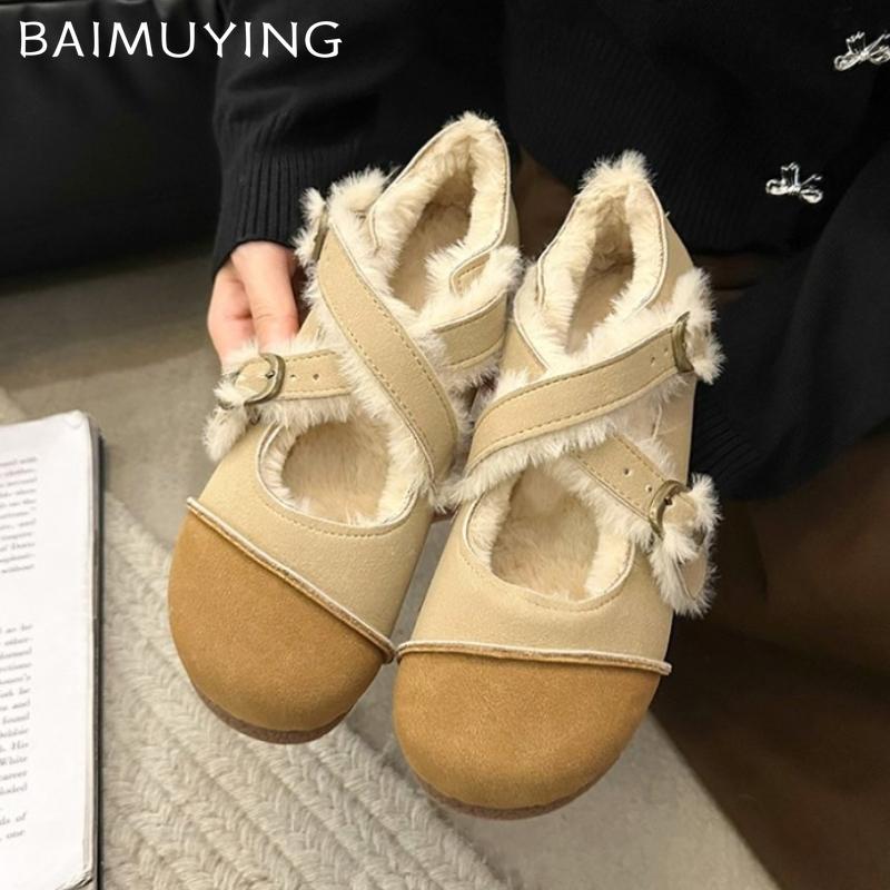 Замшевые туфли на плоской подошве для женщин Mary Janes, короткие плюшевые дизайнерские зимние хлопковые туфли с пряжкой, тренд 2025 года, новые теплые женские туфли