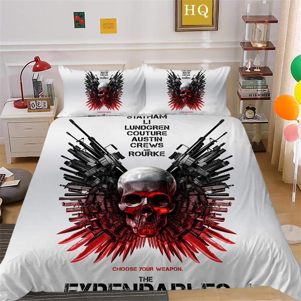 3D Horror Patterned Printed Bedding Set with Skull Head Pattern Down Duvet and Pillowcase 2/3 Pieces Halloween Festive Atmosphere Home Decoration