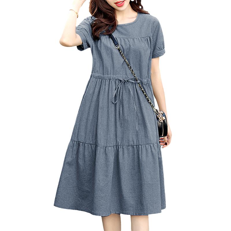ZANZEA Women Casual Round Neck Summer Short Sleeve Plaid Print Dress