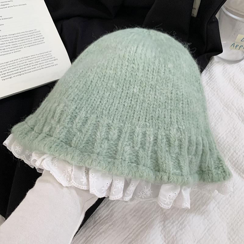 Lace Knitted Bucket Hat Women'S Autumn And Winter Street Sweet Versatile Outdoors Warm Casual Big Head Bob Cap