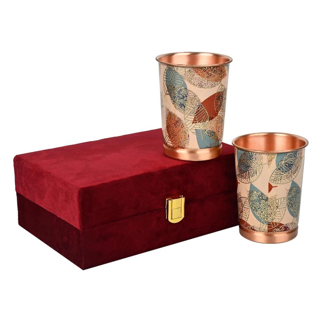 India Copper Premium Yellow Gold Leaf Design Set of Two Glass with Elegant Gift Box, 250 ML