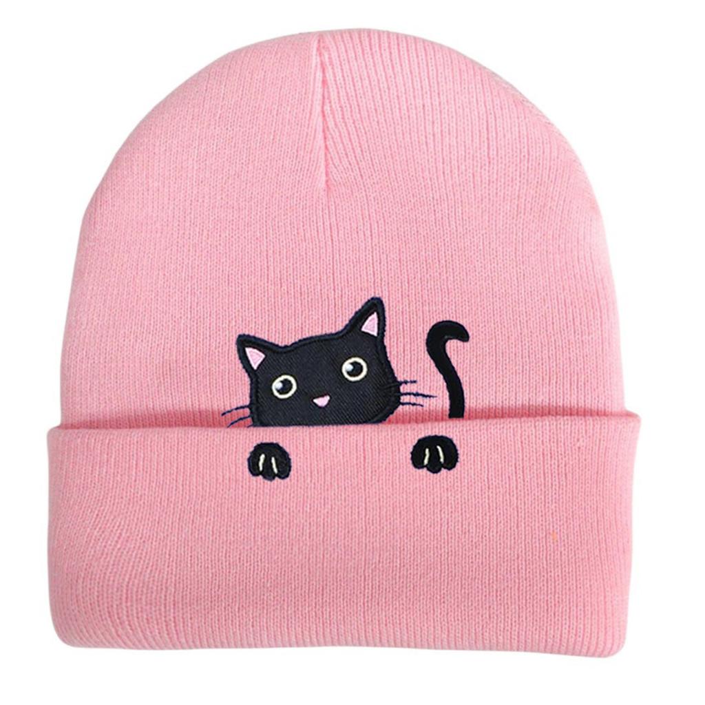 Knit Skull Hat with Embroidered Lovely Kitten Hat Knit Caps for Unisex Pullover Cartoon Hat Embroidered Skull Caps