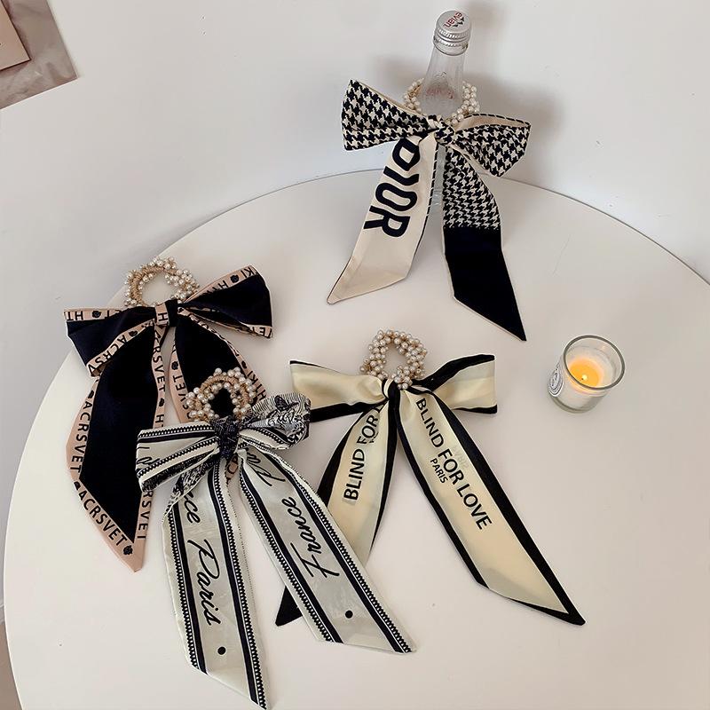 Винтажная шелковая резинка для волос с отделкой жемчугом и различными узорами для женщин