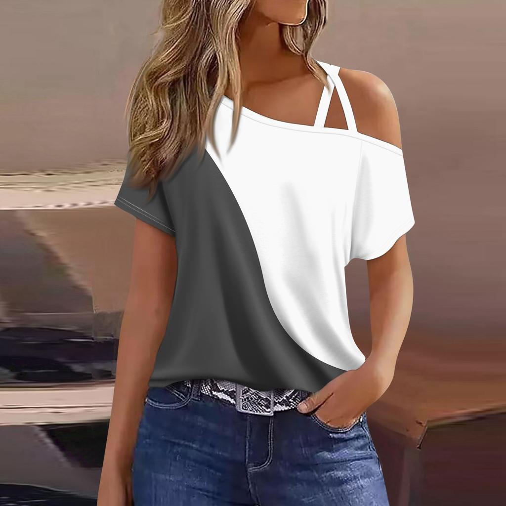 Women's Fashion Casual Print Sexy Cold Shoulder Short Sleeve T-shirt Top