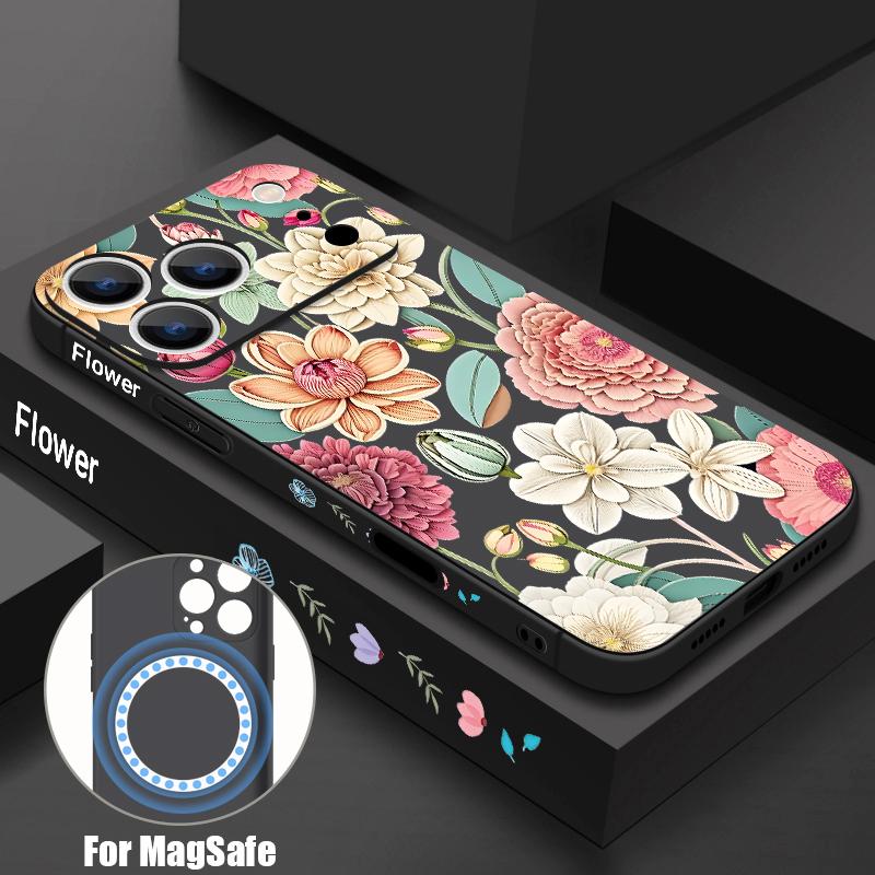 Винтажный чехол с цветами для iPhone 17 Pro Max iPhone 16 15 14 13 Pro Max Магнитный для Magsafe Мягкий силиконовый задний чехол для телефона