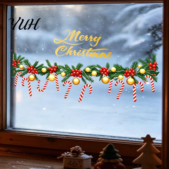 Customizable Window Scene Stickers Merry Christmas Clings, Cute Garland with Candy Canes, Balls, Berries Creative Gift for Friends Glass, Reusable