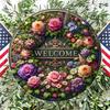 1 Welcome Sign Made of New Flowers,a Round Wooden Hanging Tag for Home Decoration,decorated with a Blooming Wreath In the Center