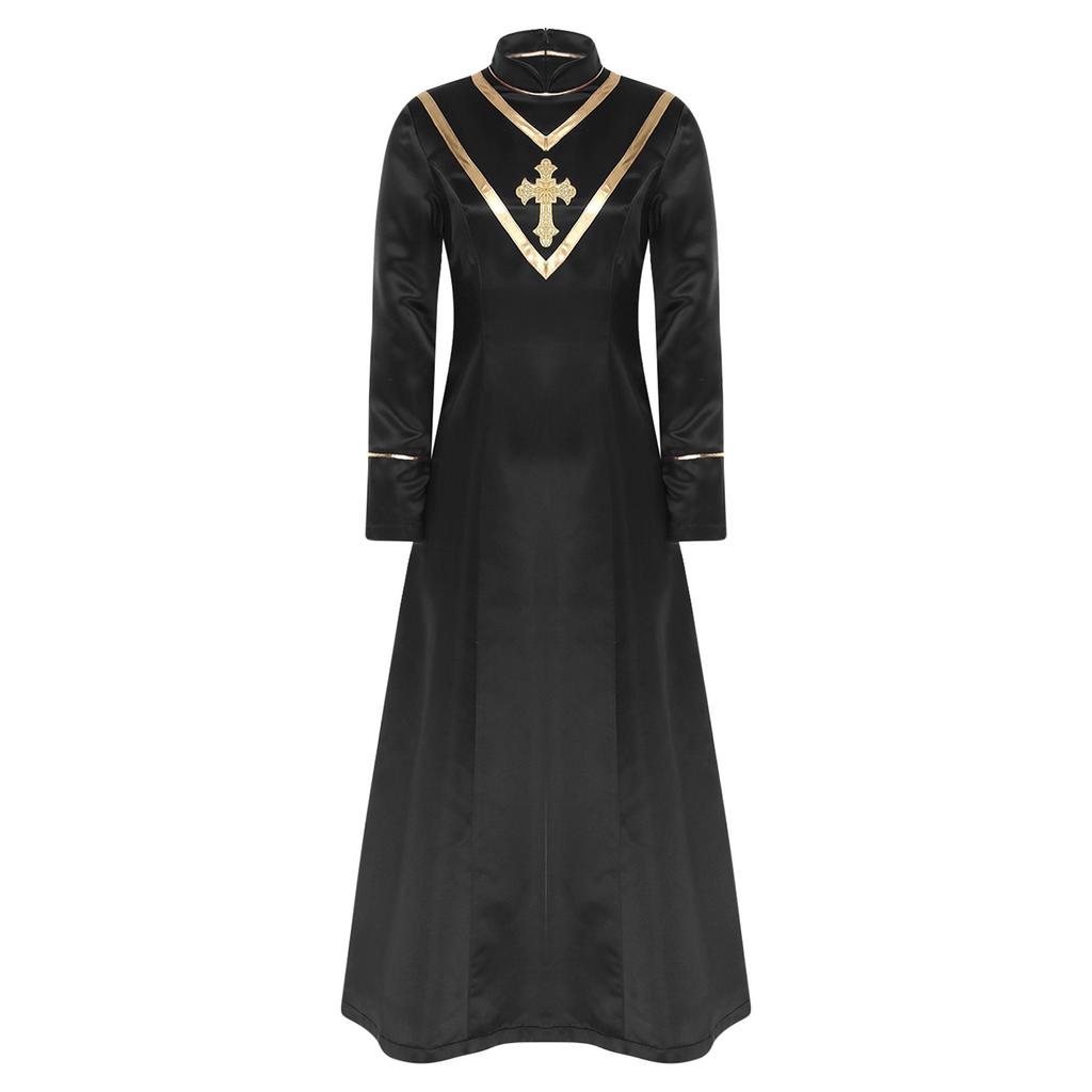 Womens Priest Cleric Cassocks Embroidered Cross Long Sleeve Back Zipper Long Robe