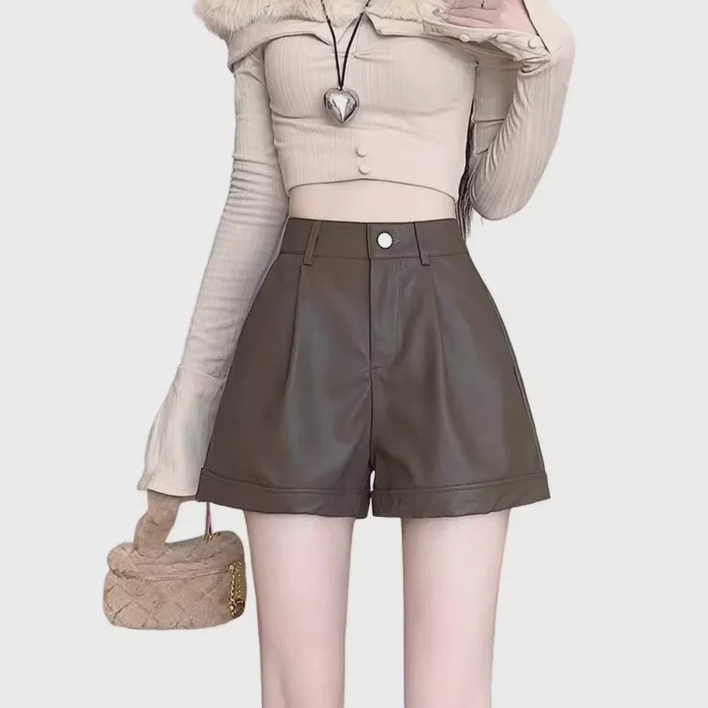 Женские шорты из искусственной кожи с высокой талией — облегающие, свободный крой, широкие штанины, повседневные, на весну, осень, зиму, в американском стиле.