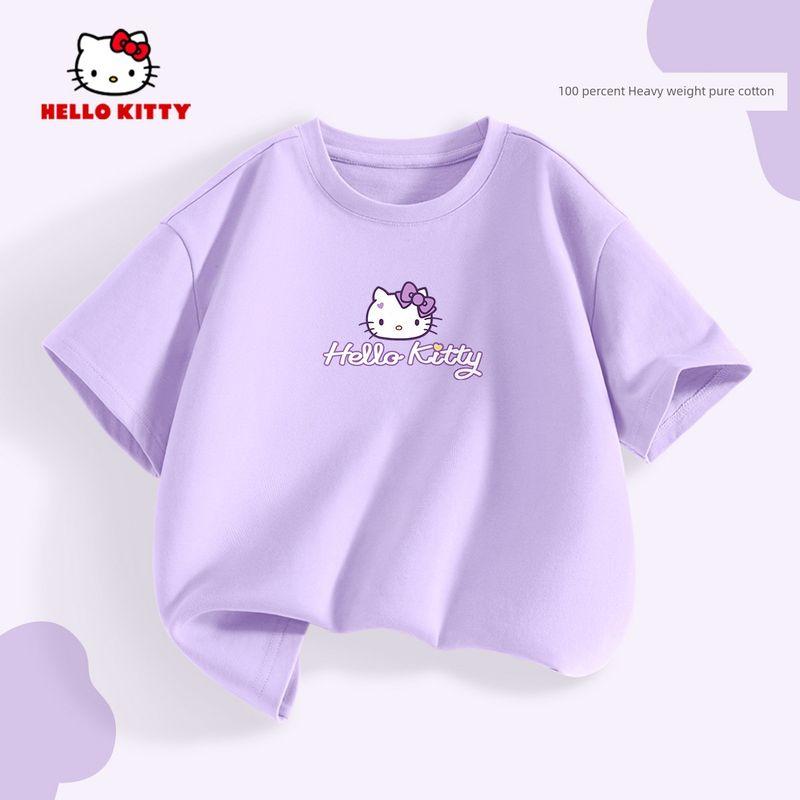 Hello Kitty Girls' Short-Sleeved T-Shirt Summer Pink Children's Base Shirt Pure Cotton Heavyweight Girls' Summer Top
