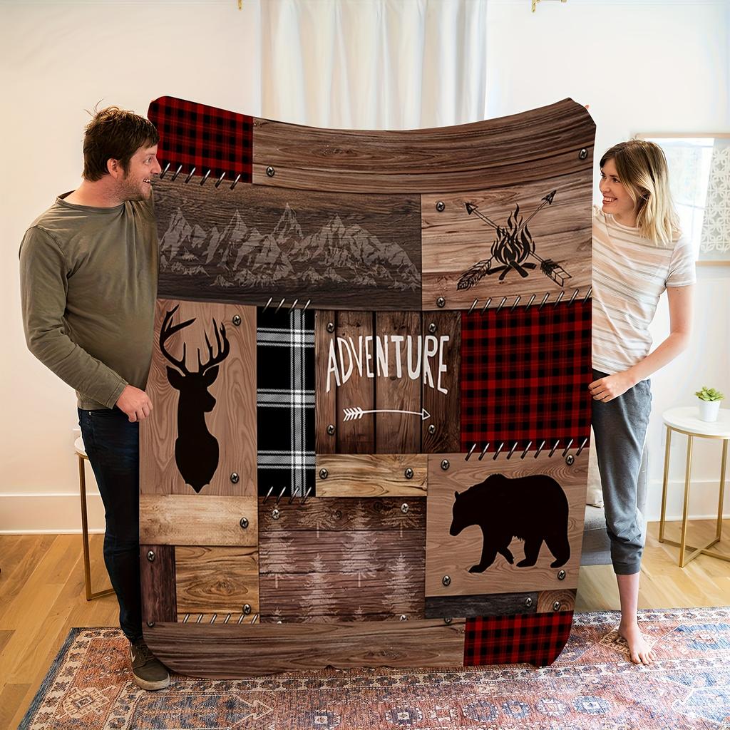 1pc of Comfortable Adventure Flannel Blanket Featuring a Deer Head and Bear Pattern, Creating a Rich Natural Wilderness Vibe. Perfect for Ou