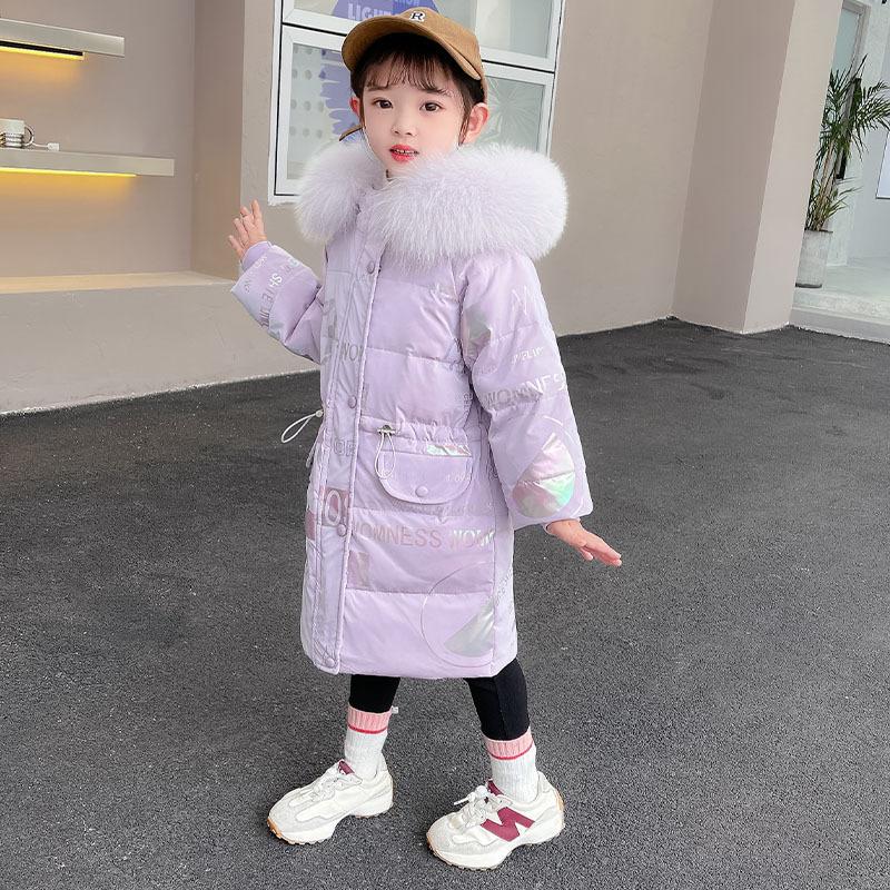 Children's Down Jacket Mid-length Shiny Winter New Style Fashionable Baby Girl Winter White Duck Down Jacket