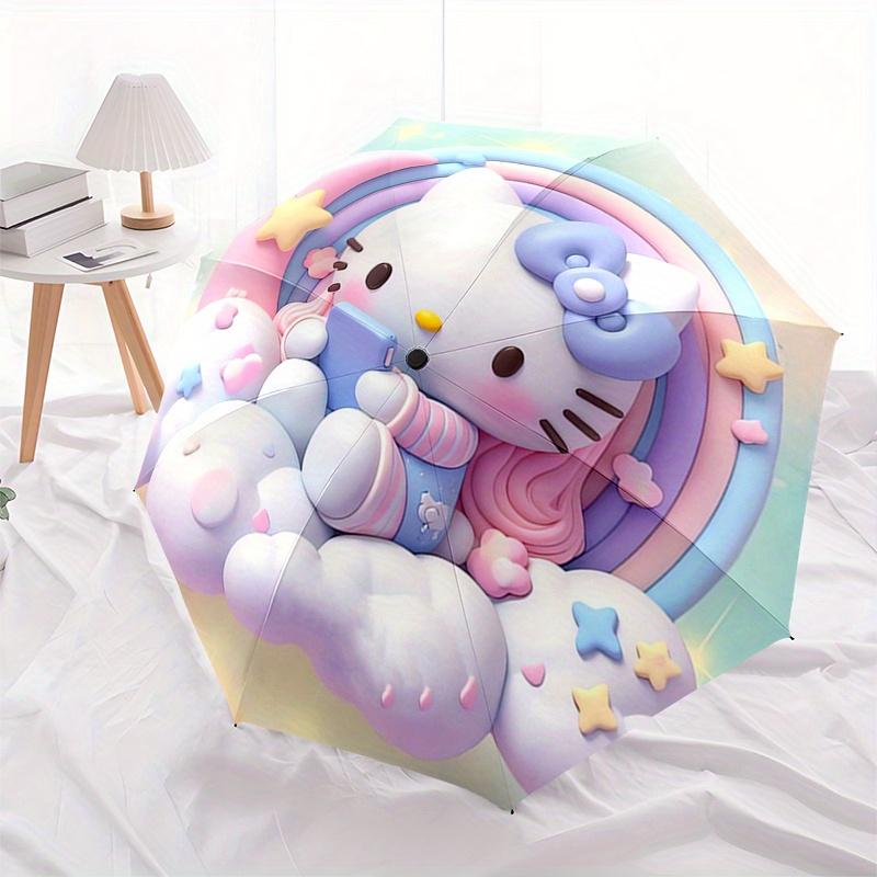 Hello Kitty,Pastel Rainbow Automatic Folding Umbrella-Simple 8-Rib Design, Bright Cartoon Pattern, Durable Iron Frame, Suitable For Travel,
