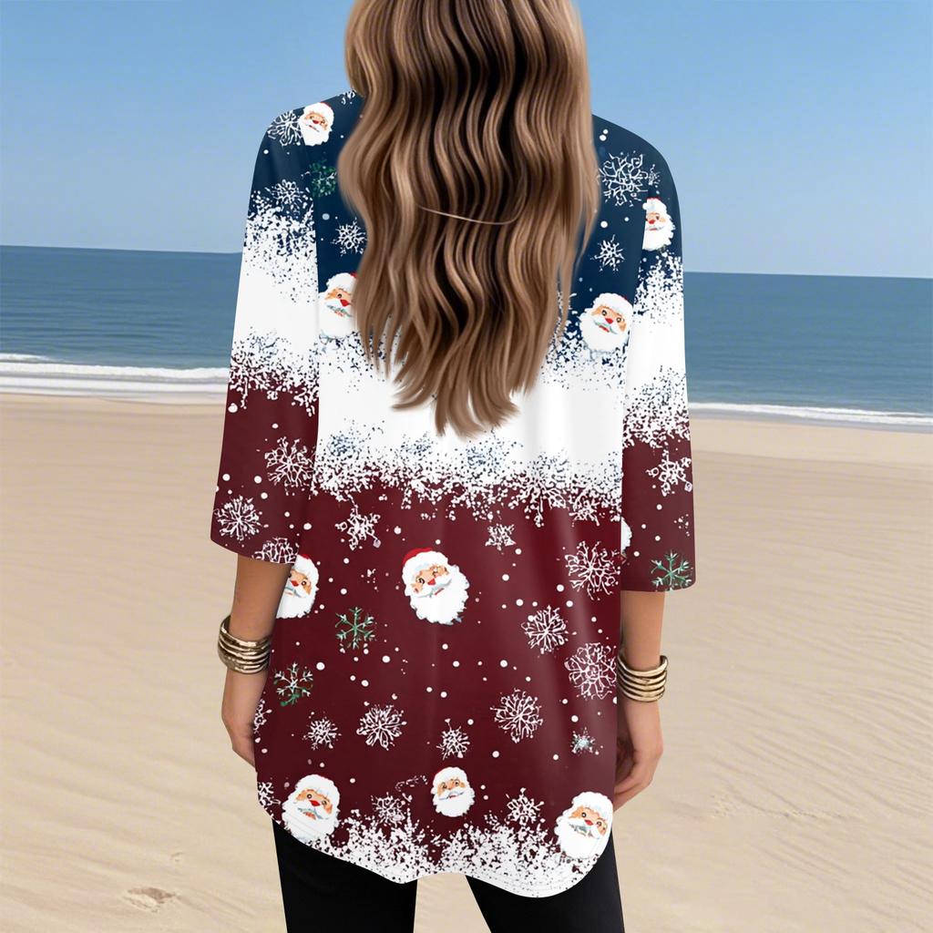 Женские топы с V-образным вырезом и рукавом 3/4, повседневные блузки средней длины, модные туники с рождественским принтом и карманами