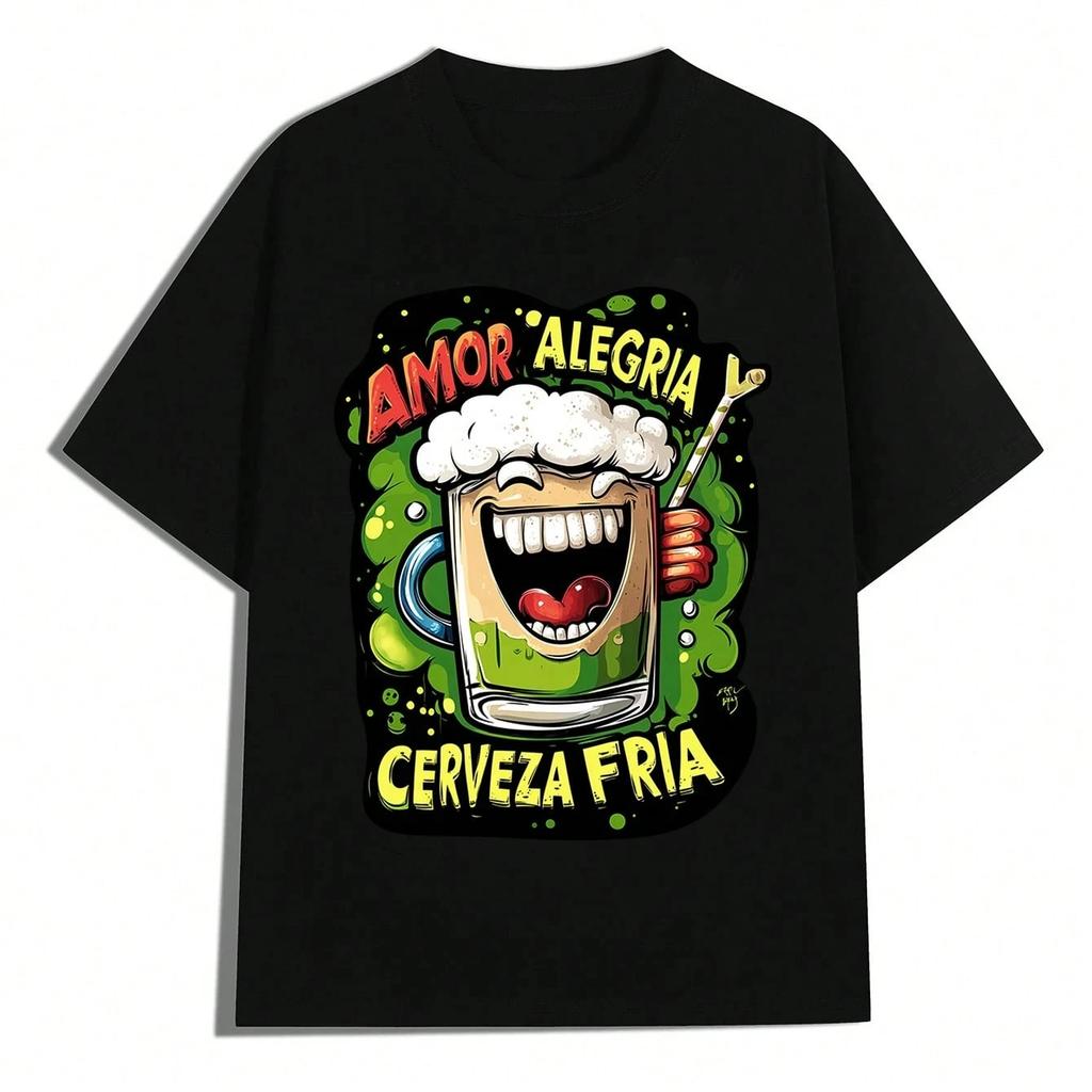 Amor Alegria Cerveza Fria Beer Mug Graphic Tee Unisexs Breathable Cotton TShirt