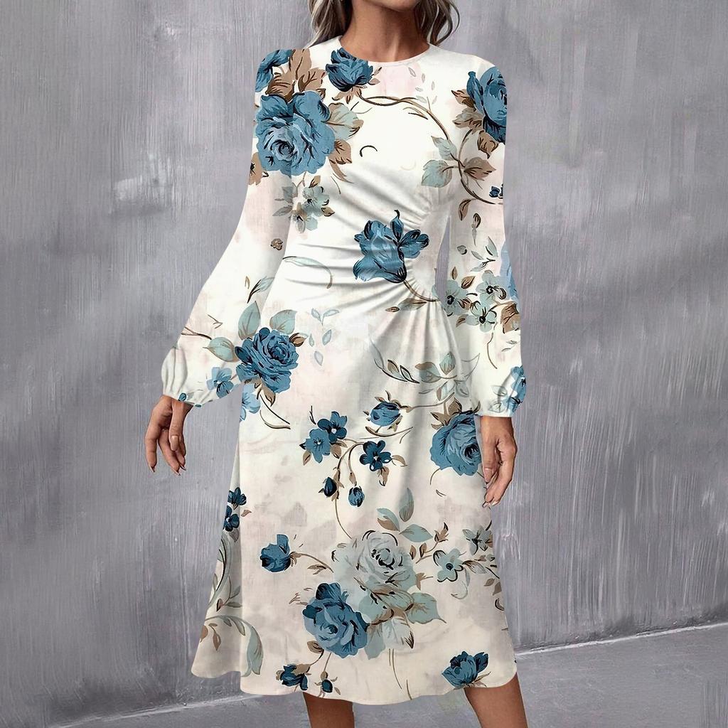 Women's Fashion Casual Print Round Neck Long Sleeve Midi Dress