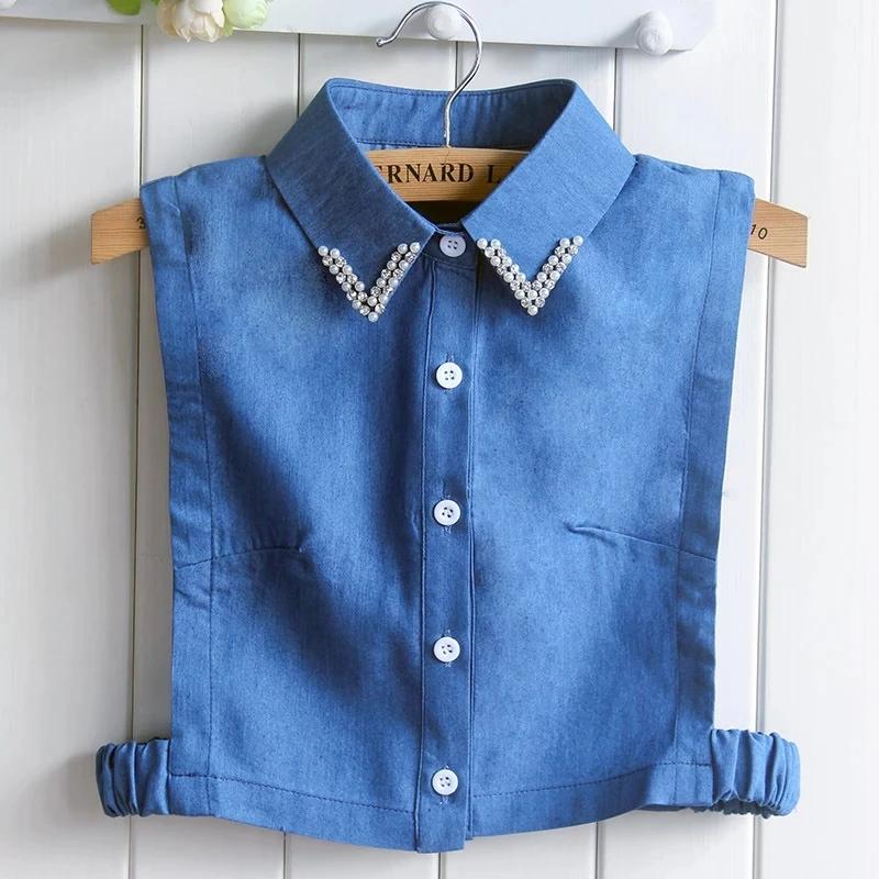 Fashion Denim Blue Women Fake Collar Shirt Detachable Collar Female False Collar Solid Shirt Lapel Blouse Top Men Women