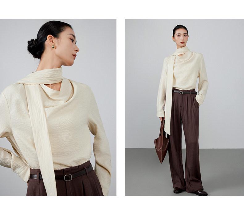Женская приталенная рубашка Off-White с длинным рукавом и струящимся воротником - Универсальный дизайн для осени/зимы 2025