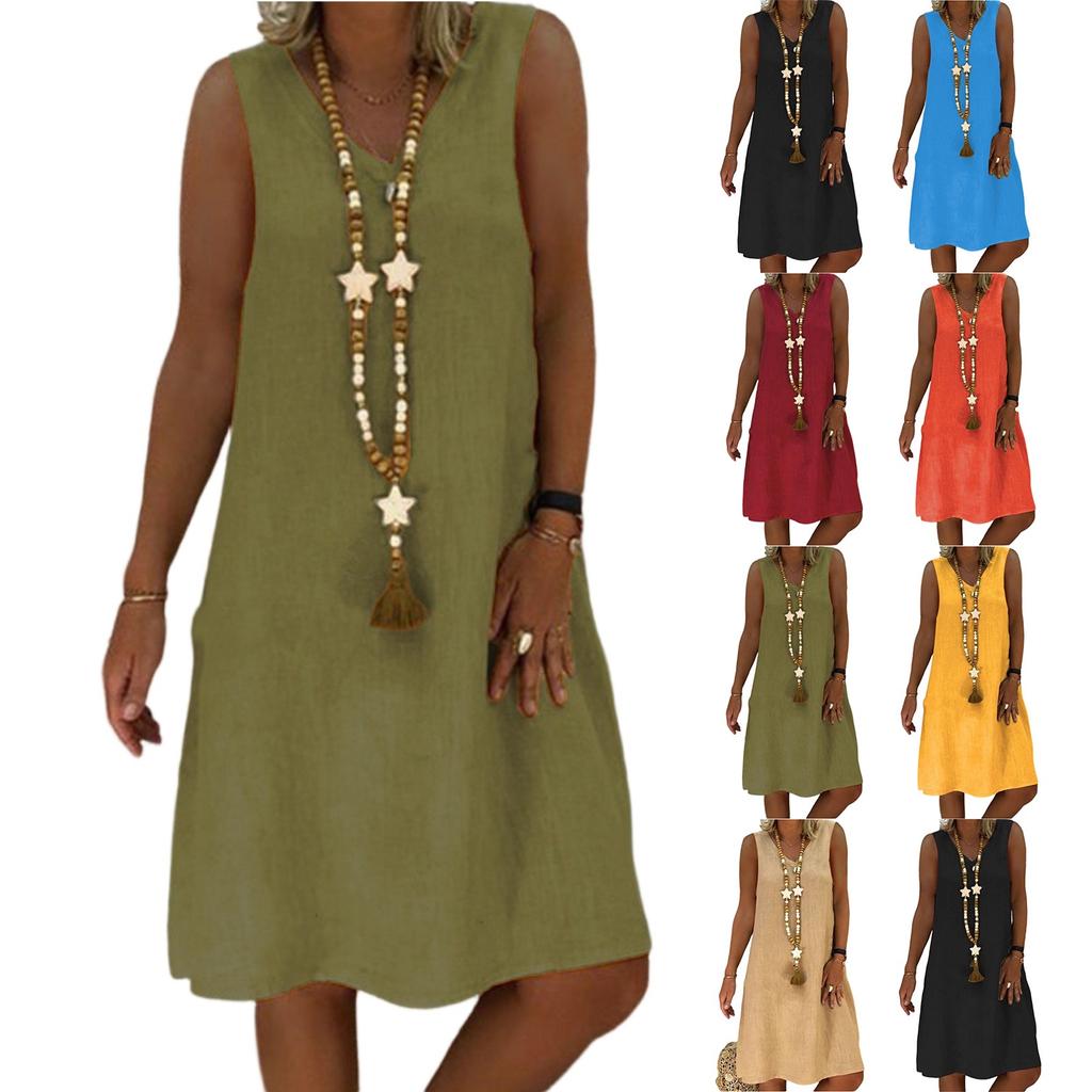 Женские платья однотонные винтажные хлопковые платья-жилетки без рукавов с V-образным вырезом
