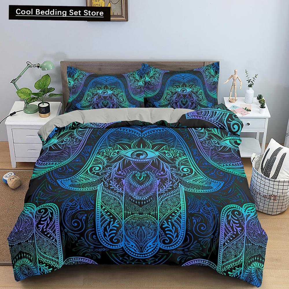 Comforter Hamsa Hand King Queen Gold Lucky Hand Of Fatima Bedding Set Black Boho Hippie Polyester Comforter