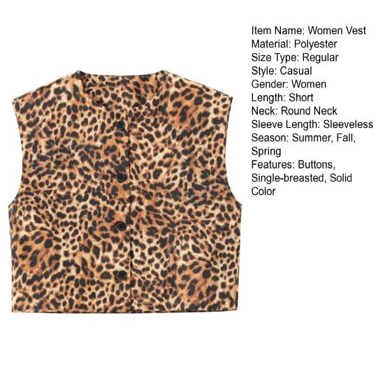 Женский жилет однобортный без рукавов с круглым вырезом, однотонный, с леопардовым принтом, на пуговицах, для поездок на работу, свиданий, повседневный, короткий, повседневный, пальто