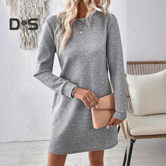 Платье весна-осень с фактурными длинными рукавами и круглым вырезом, однотонное свободное прямое мини-платье, короткое платье-пуловер для поездок на работу, свиданий, путешествий