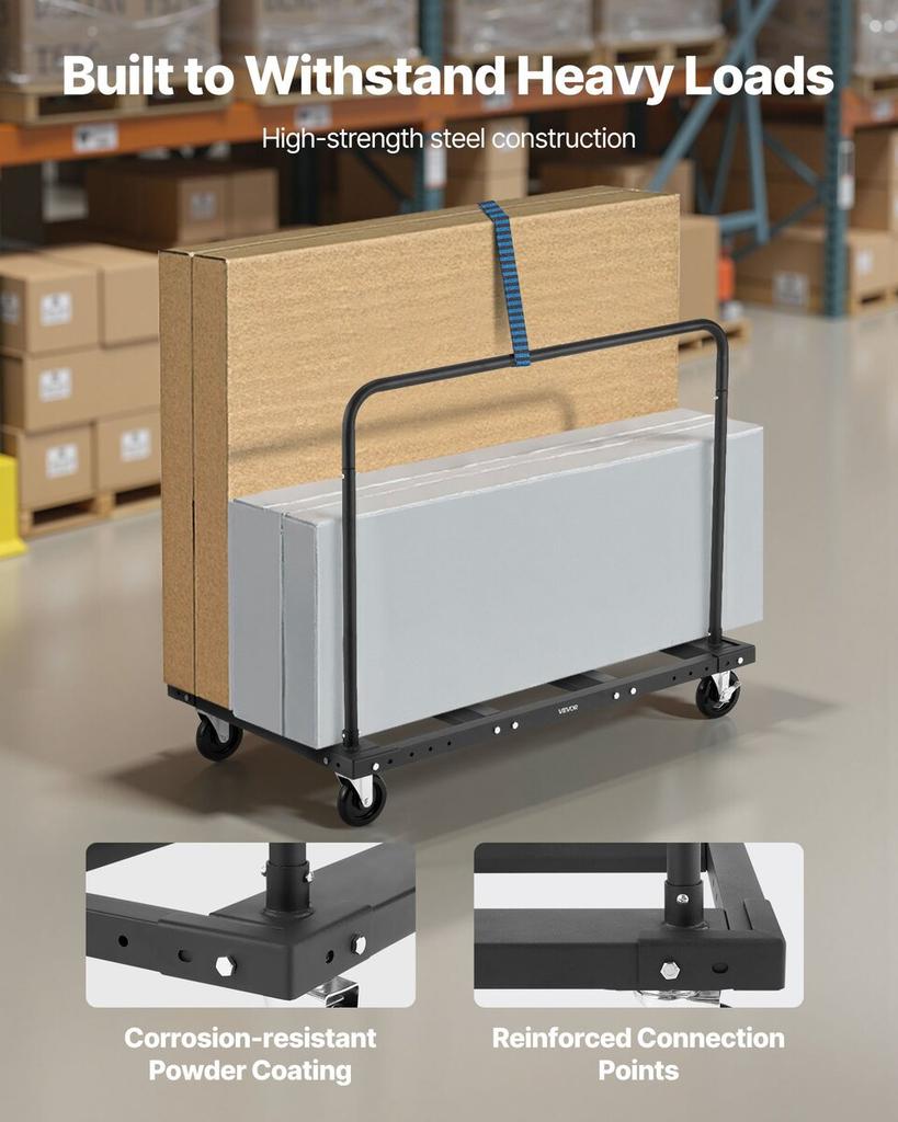 Drywall Cart Dolly, 816 kg Load Capacity, Steel Panel Truck Cart with 12.5 mm Swivel Casters, Lumber Drywall Dolly with Tie-Down Strap & 2 Side