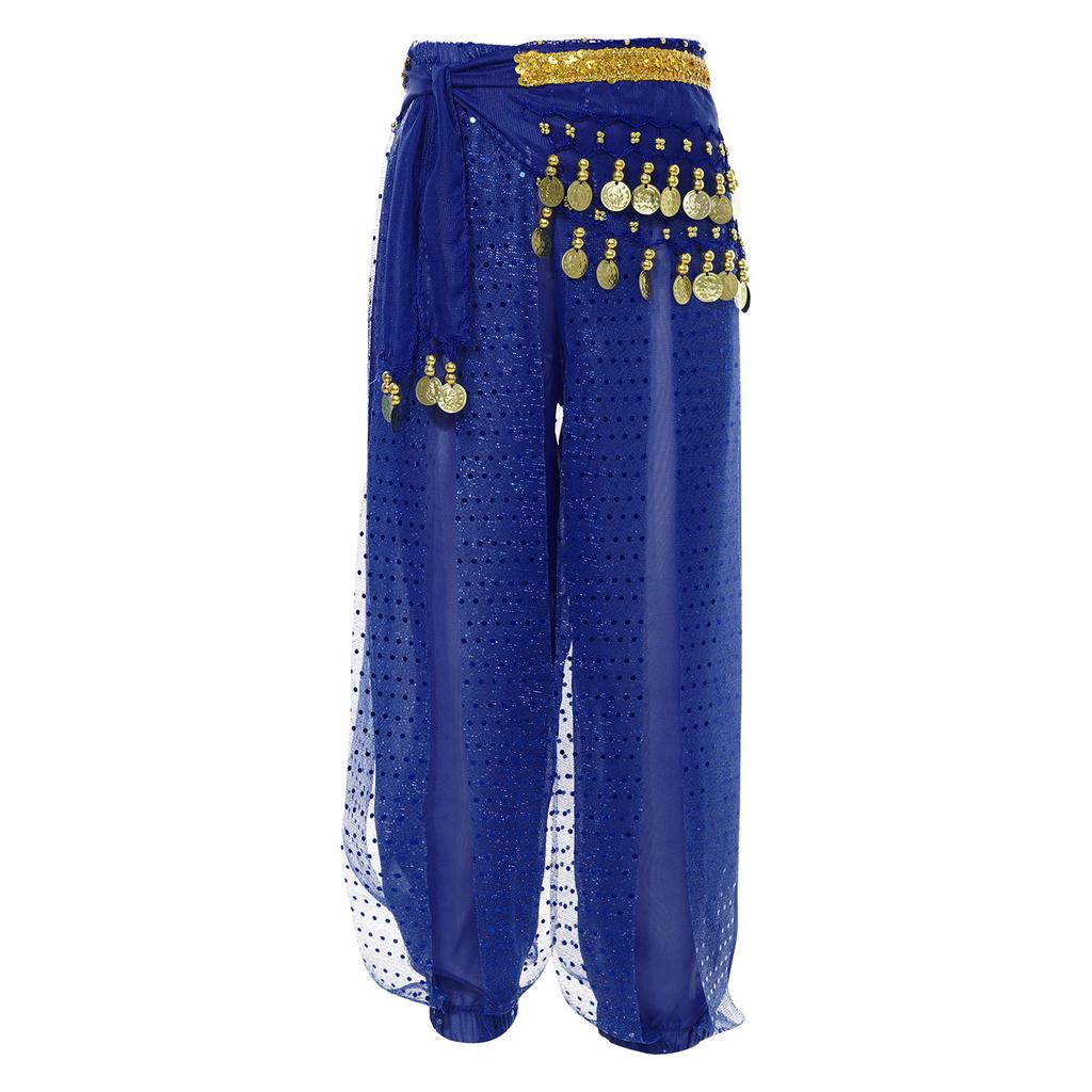 Girls Elegant Belly Dance Pants Sequin Embellished Chiffon Fabric Elastic Waist Beaded Tassels Performance Wear