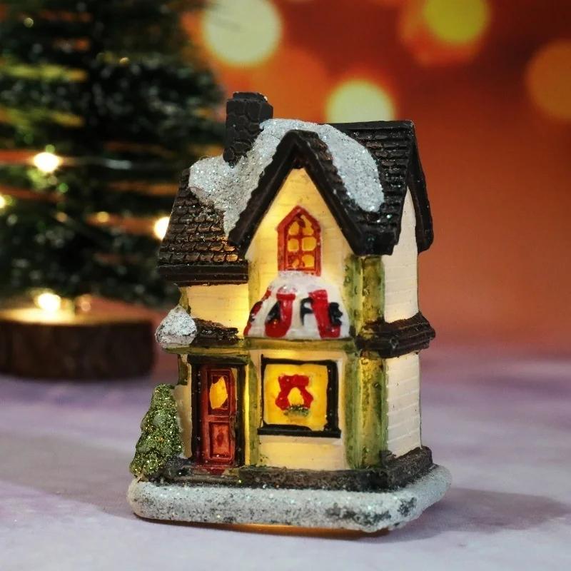 Рождественские украшения для дома, миниатюрные украшения для строительства деревенских домов, светодиодные светильники из смолы, подарок