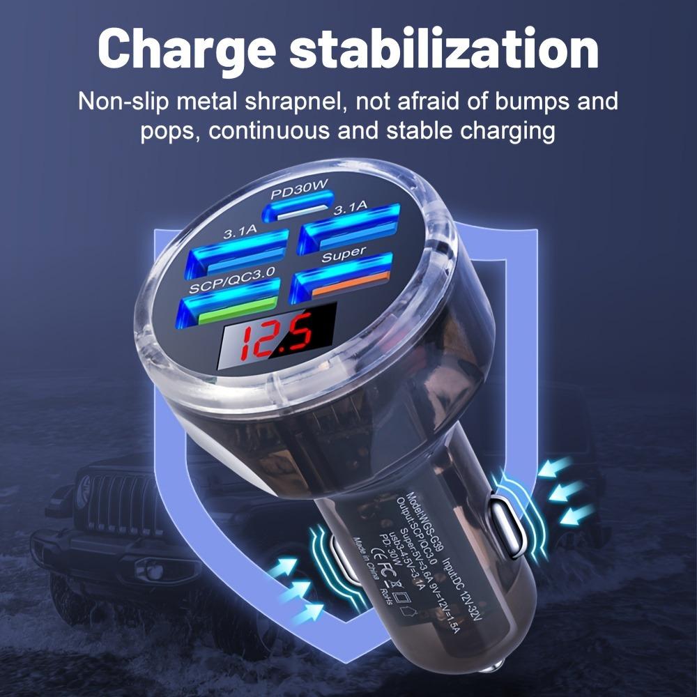 Автомобильное зарядное устройство USB 150 Вт с 5 портами, PD30W Type-C, дисплеем напряжения и многопротокольной быстрой зарядкой для автомобилей 12–32 В