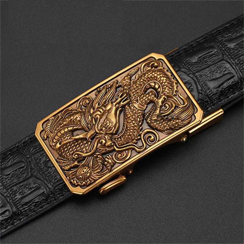Men's Leather Belt with Automatic Buckle, Genuine Leather, Bronze Buckle, Faucet for Middle-aged and Young Business Casual Pants
